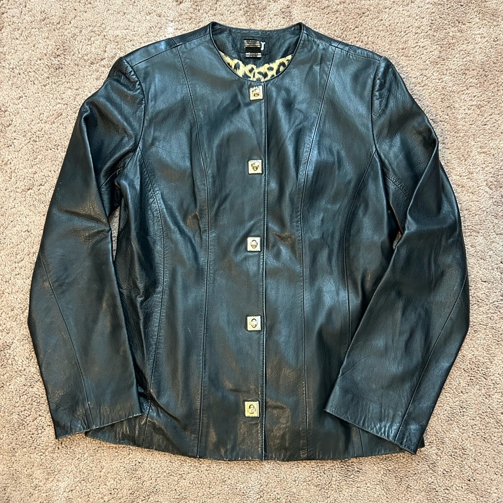B&J leather jacket size medium‎ black with animal print lining